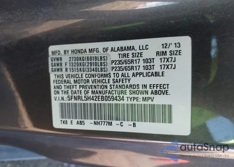 2014 Honda Odyssey Ex from USA, damaged, VIN 5FNRL5H42EB059434